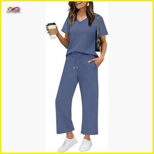 Wide Leg Lounge Set V-Neck Pullover Pants Casual Vacation Travel Outfits